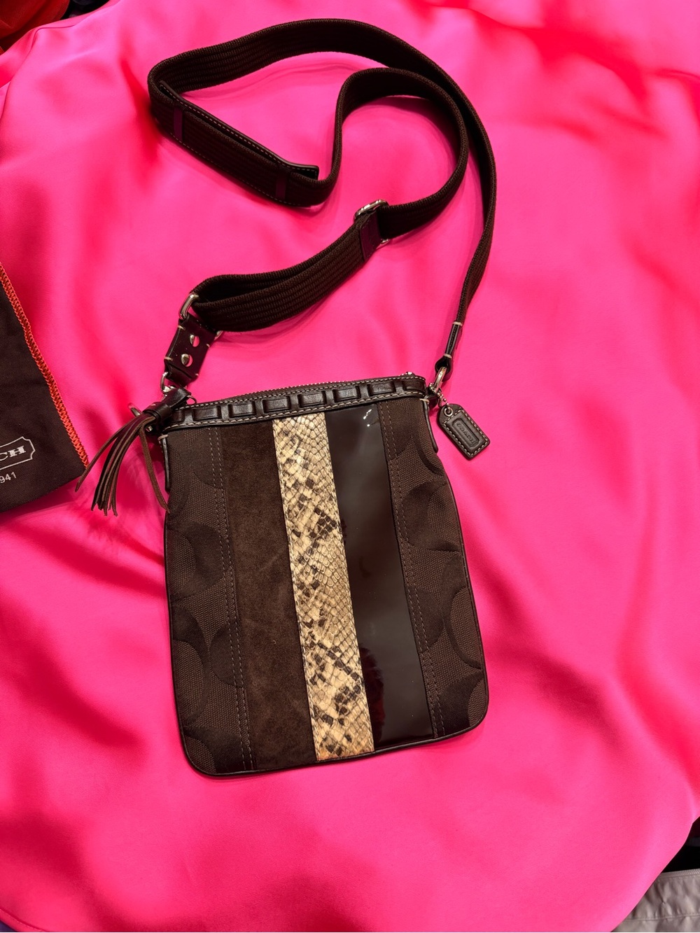 Y2K Coach Hamptons Signature Stripe Python Trimmed Crossbody Swingback Bag